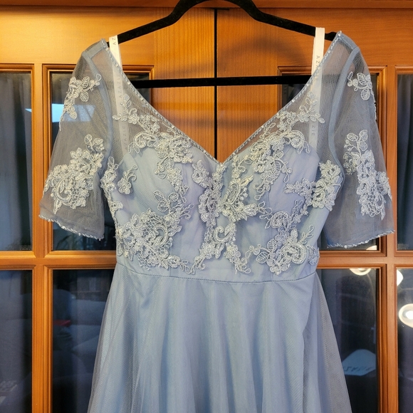 Azazie "Brenda" Long Tulle/Lace Dress in Dusty Blue Custom Sz 4/6 - Picture 3 of 16